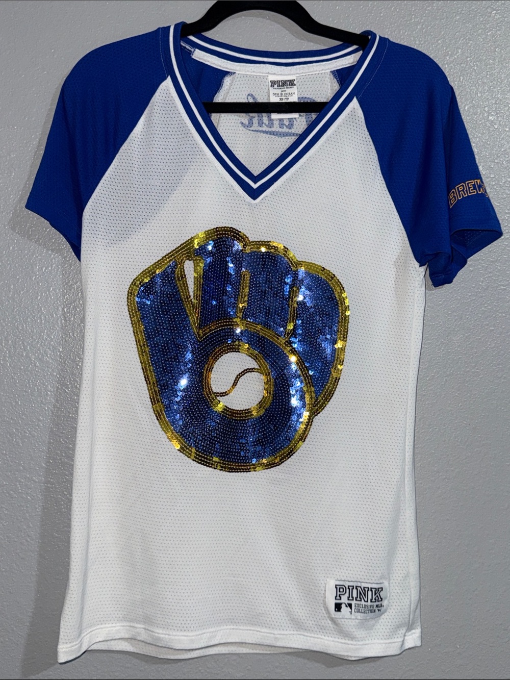 PINK Victoria's Secret X 5th & Ocean White & Blue Sequin  ⚾️ Milwaukee Brewers
